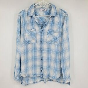Billy T Blue White Plaid Lyocell Button Down Shirt Roll Tab Sleeve Womens Medium